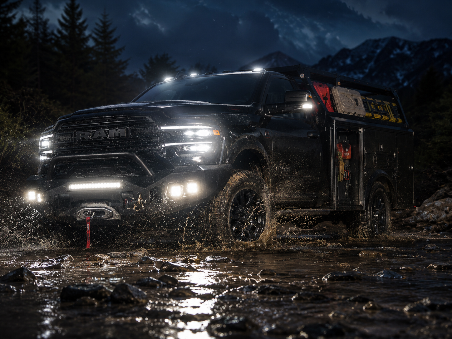 Black Ram crossing muddy stream at night with LED lights