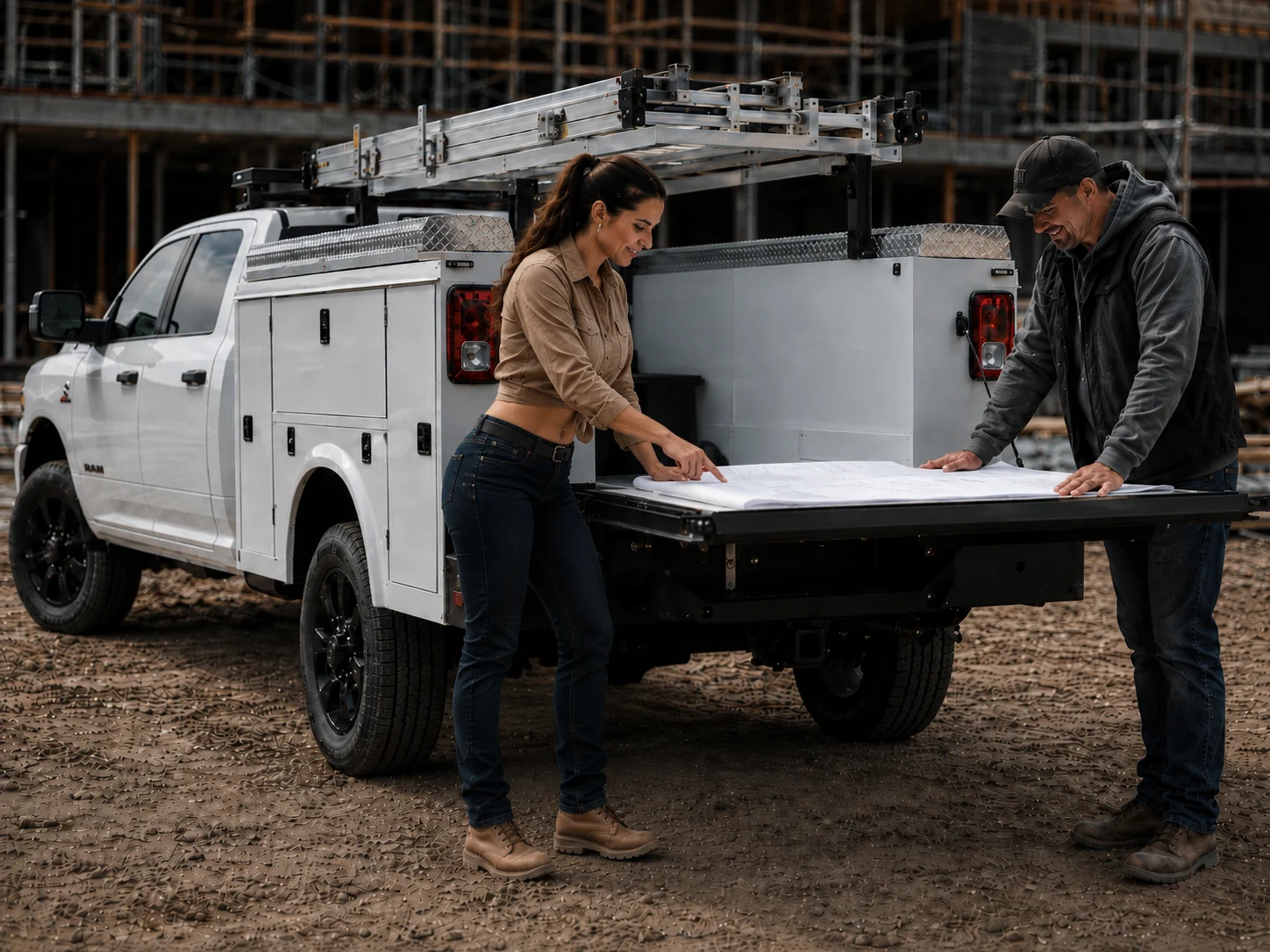 Workers reviewing construction plans on upfit work table