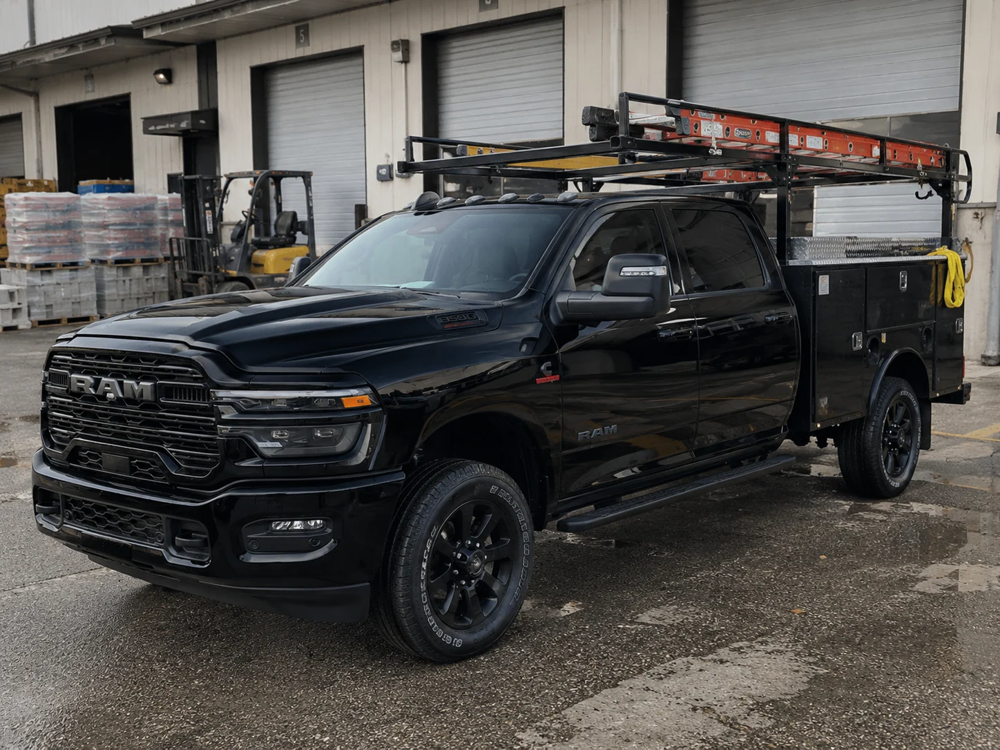 Black rack-truck utility upfit