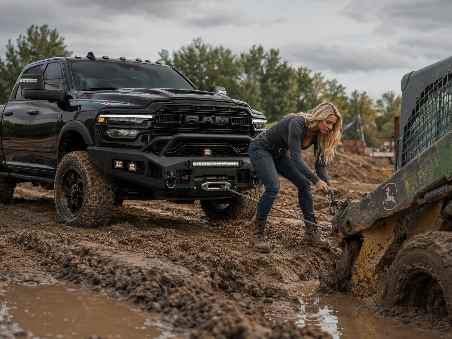 Black Ram recovering stuck equipment at a muddy worksite